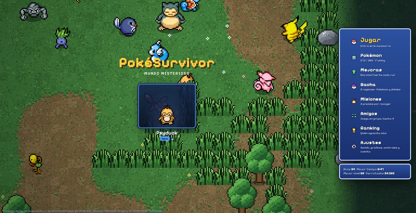 PokeSurvivor menu in Spanish, with Psyduck selected as the partner and menu rows for play, the collection, upgrades, gacha, missions, friends, ranking, and settings.